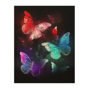 Three Glowing Butterflies on night background Wood Wall Art