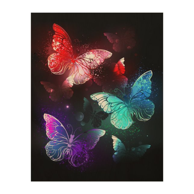 Three Glowing Butterflies on night background Wood Wall Art (Front)