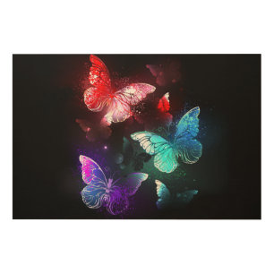 Three Glowing Butterflies on night background Wood Wall Art