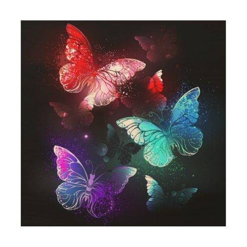 Three Glowing Butterflies on night background Wood Wall Art