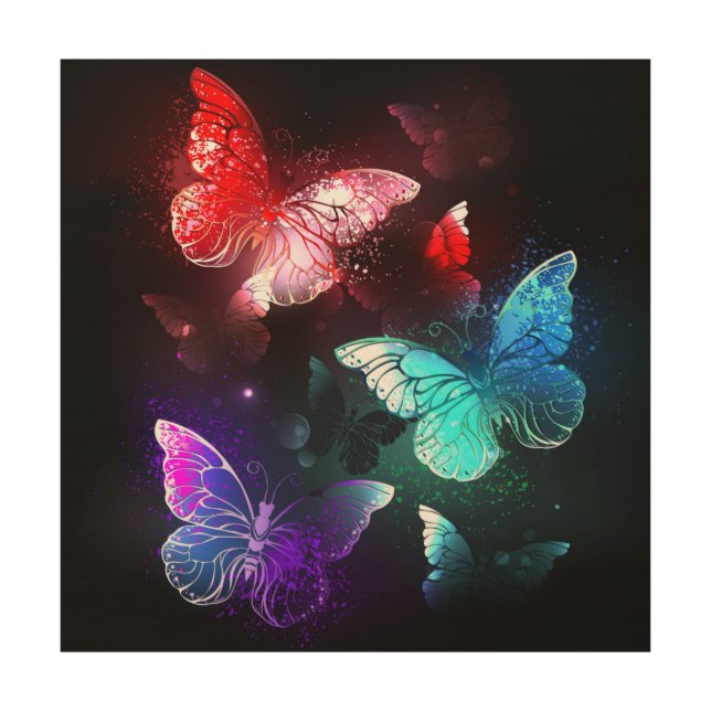 Three Glowing Butterflies on night background Wood Wall Art (Front)