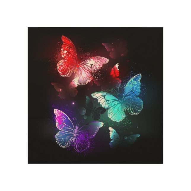 Three Glowing Butterflies on night background Wood Wall Art (Front)