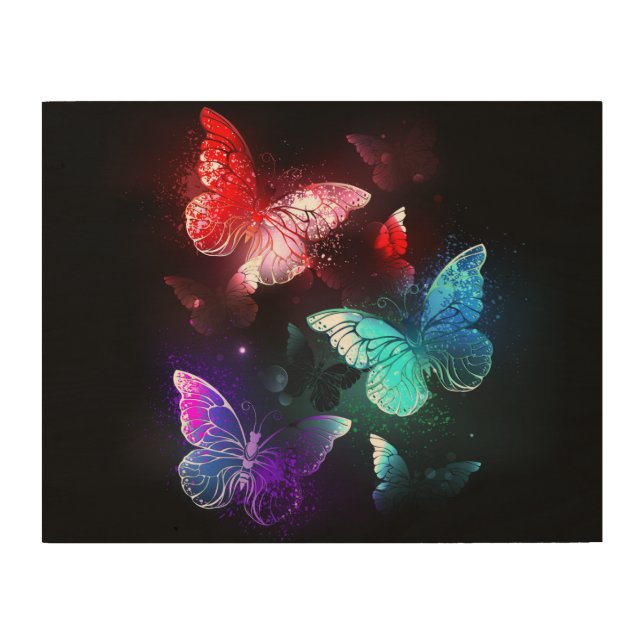 Three Glowing Butterflies on night background Wood Wall Art (Front)