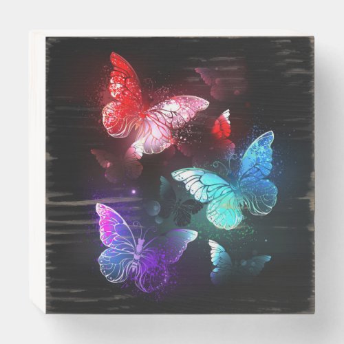 Three Glowing Butterflies on night background Wooden Box Sign