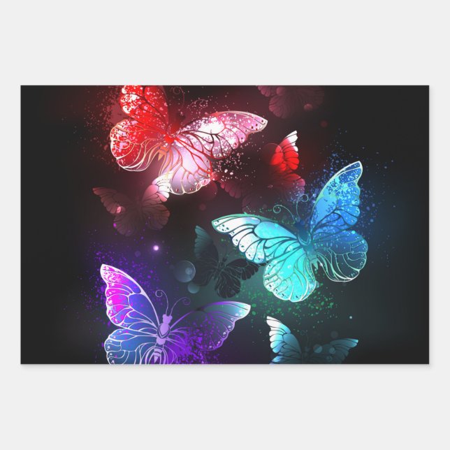 Three Glowing Butterflies on night background Wrapping Paper Sheets (Front)