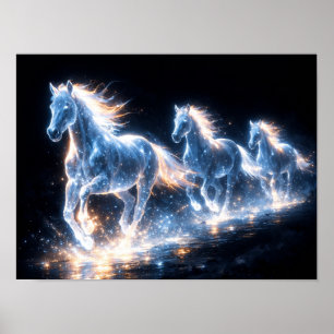 Three Glowing Horses Running in the Dark Poster