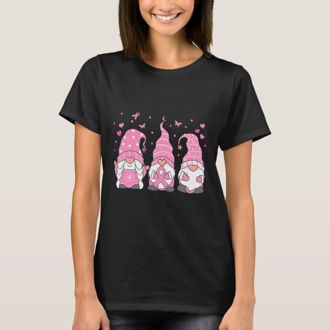 Three Gnome Pink Ribbon Warrior Breast Cancer Awar T-Shirt (Front)
