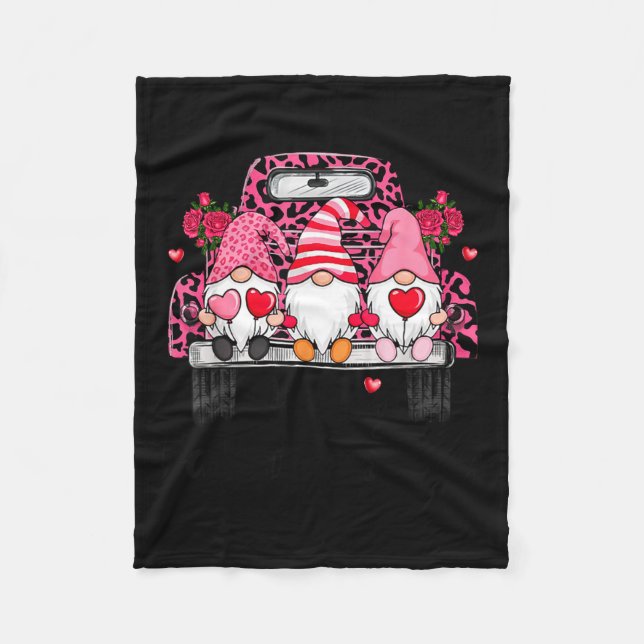 Three Gnomes And Leopard Truck Happy Valentine's D Fleece Blanket (Front)