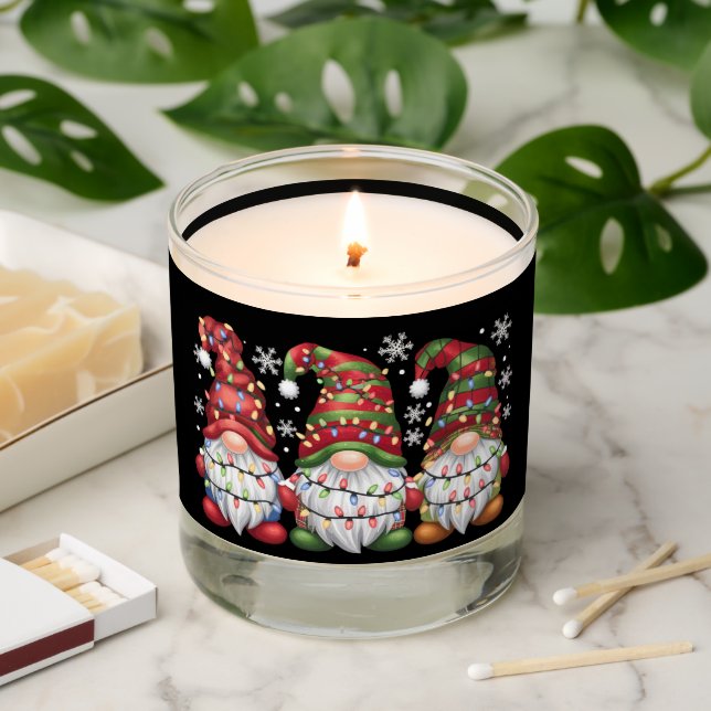 Three Gnomes Buffalo Plaid Red Christmas Scented Candle (Lit)