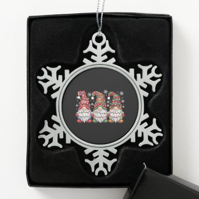 Three Gnomes Buffalo Plaid Red Christmas Snowflake Pewter Christmas Ornament (Box)
