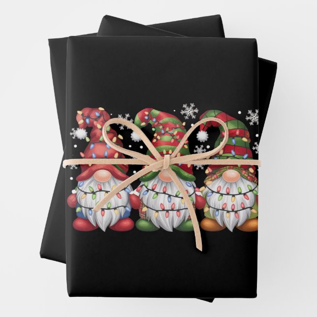 Three Gnomes Buffalo Plaid Red Christmas Wrapping Paper Sheets (In situ)