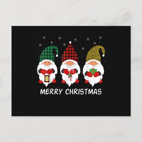 Three Gnomes buffalo plaid red Leopard Christmas F Announcement Postcard