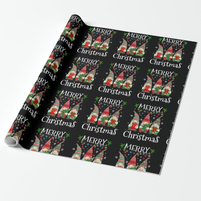 Three Gnomes Buffalo Plaid Red Merry Christmas Xma Wrapping Paper (Unrolled)