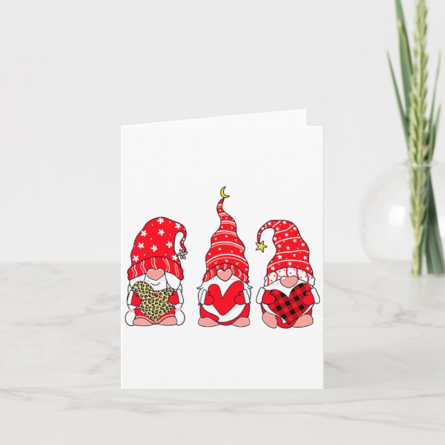 Three Gnomes Holding Heart Leopard Happy Valentine Card (Front)