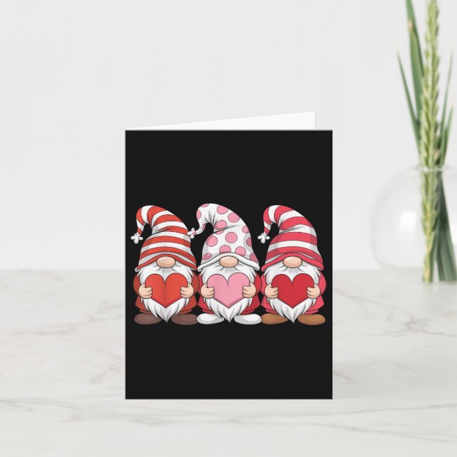 Three Gnomes Holding Heart Valentines Day For Wome Card (Front)