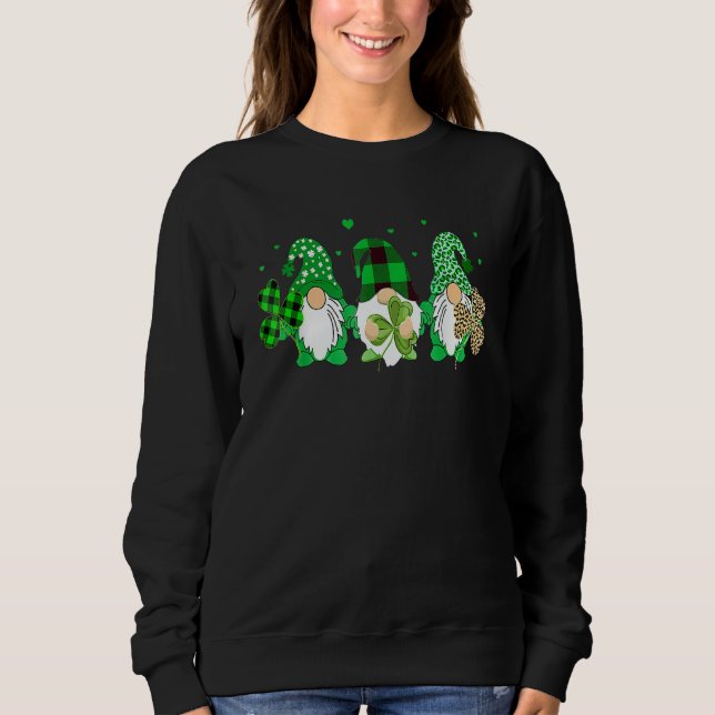 Three Gnomes Holding Shamrock Leopard Plaid St Pat Sweatshirt (Front)