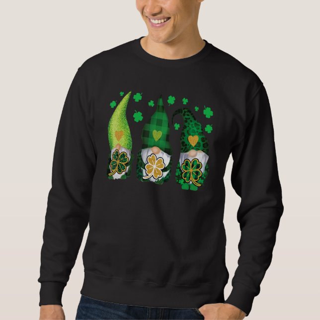 Three Gnomes Holding Shamrock Leopard Plaid St Pat Sweatshirt (Front)