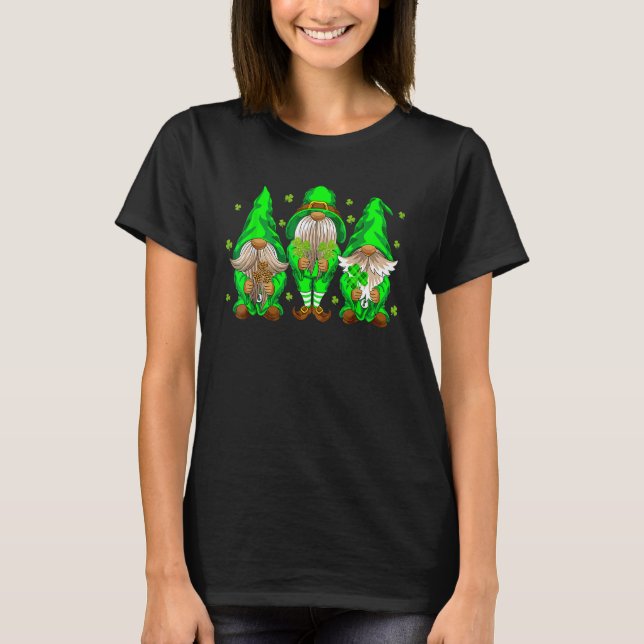 Three Gnomes Holding Shamrock Leopard Plaid St Pat T-Shirt (Front)
