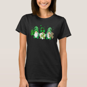 Three Gnomes Holding Shamrock Leopard Plaid St Pat T-Shirt