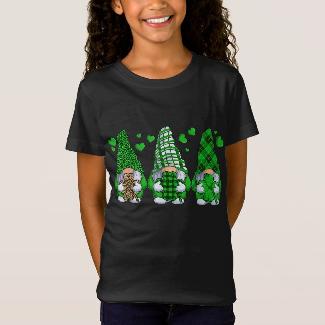 Three Gnomes Holding Shamrock Leopard Plaid St Pat T-Shirt (Front)