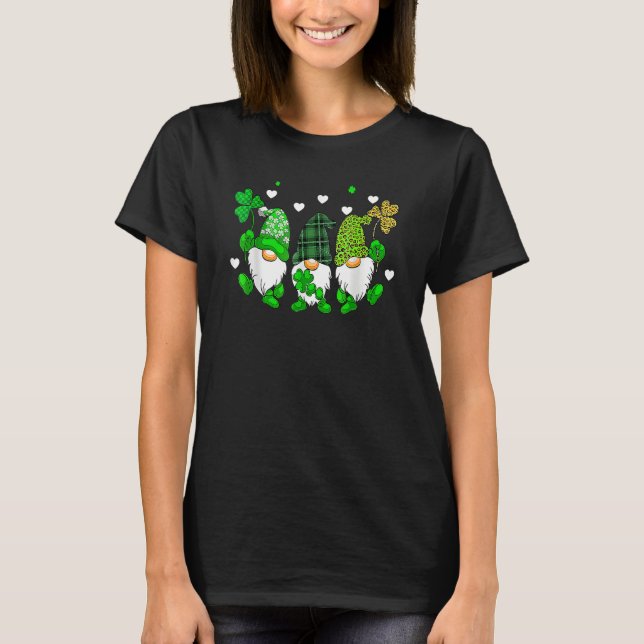 Three Gnomes Holding Shamrock Leopard Plaid St Pat T-Shirt (Front)
