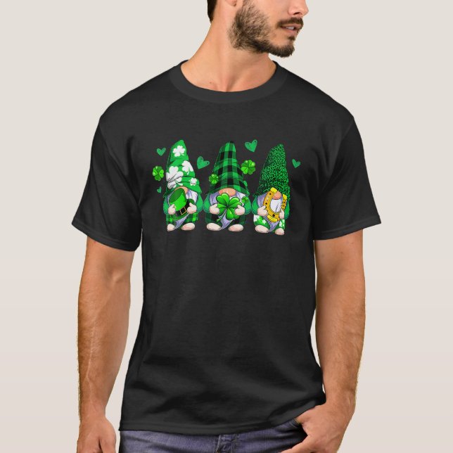 Three Gnomes Holding Shamrock Leopard Plaid St Pat T-Shirt (Front)
