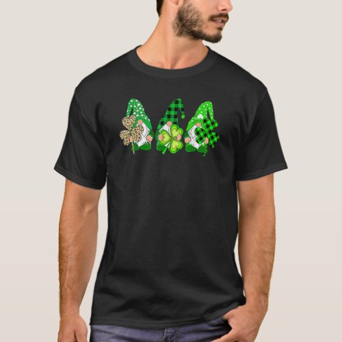 Three Gnomes Holding Shamrock Plaid Leopard St Pat T_Shirt