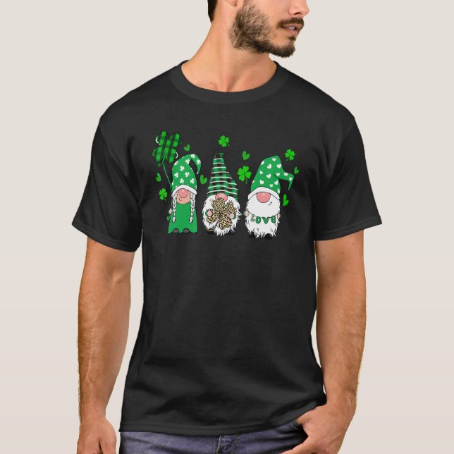 Three Gnomes Holding Shamrock Plaid Leopard St Pat T-Shirt (Front)