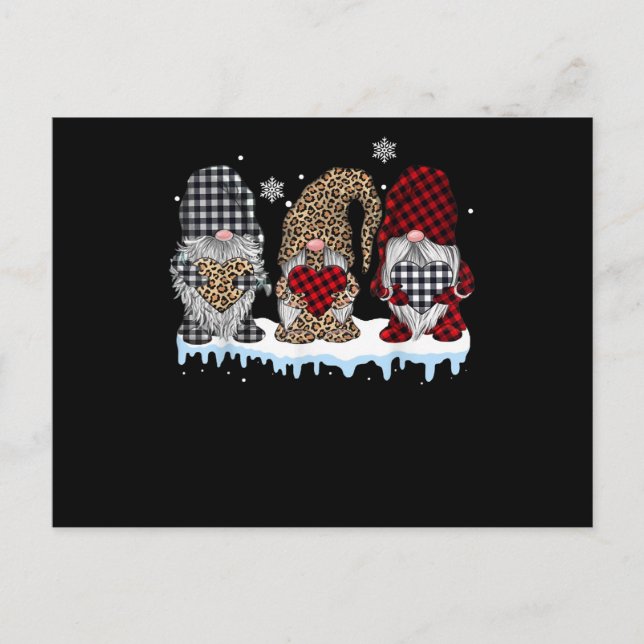 Three Gnomes In Leopard Buffalo Plaid Christmas Announcement Postcard (Front)