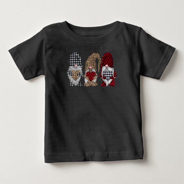 Three Gnomes In Leopard Buffalo Plaid Christmas Baby T-Shirt (Front)