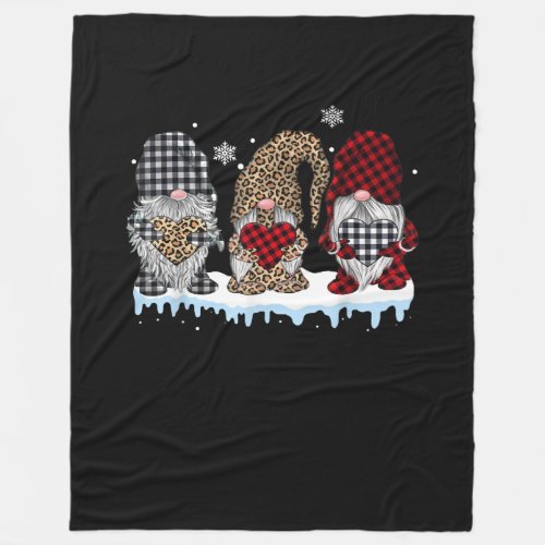 Three Gnomes In Leopard Buffalo Plaid Christmas Fleece Blanket