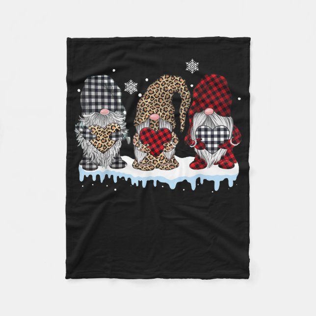 Three Gnomes In Leopard Buffalo Plaid Christmas Fleece Blanket (Front)