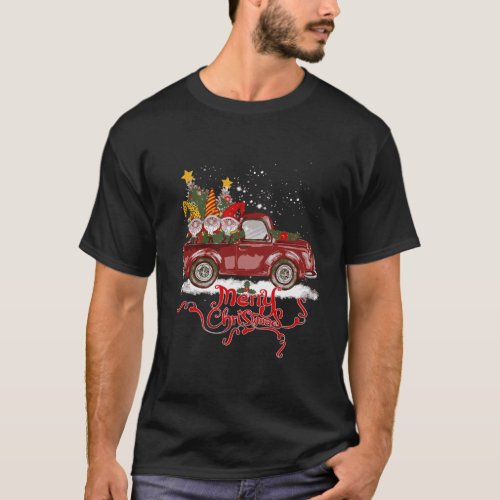 Three Gnomes In Red Truck Merry Christmas Tree Xma T_Shirt