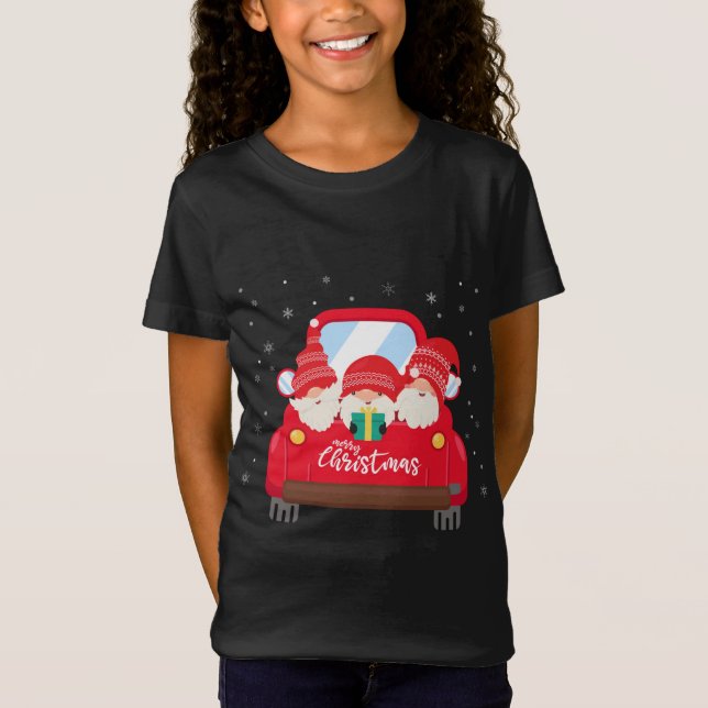 Three Gnomes in Red Truck With Merry Christmas T-Shirt (Front)