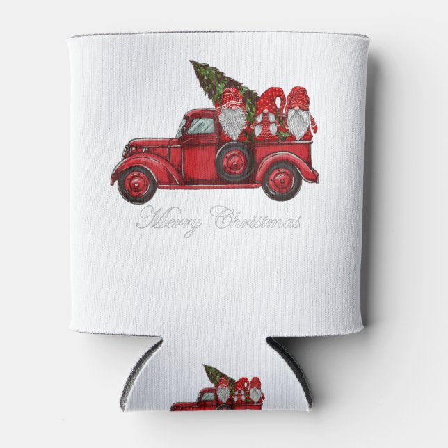 Three Gnomes in Red Truck With Merry Christmas Tre Can Cooler (Front)
