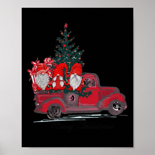 Three Gnomes In Red Truck With Merry Christmas Tre Poster