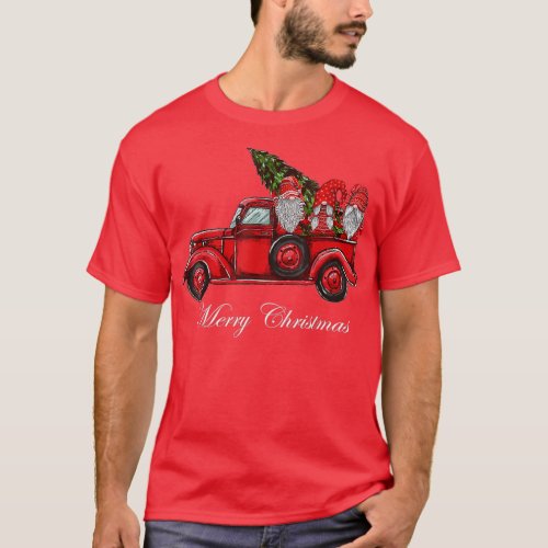 Three Gnomes in Red Truck With Merry Christmas Tre T_Shirt