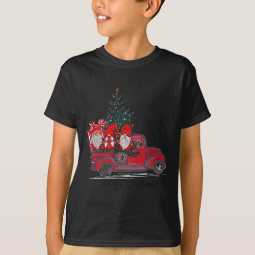 Three Gnomes In Red Truck With Merry Christmas Tre T_Shirt