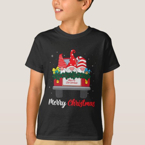 Three Gnomes In Red Truck With Merry Christmas Tre T_Shirt