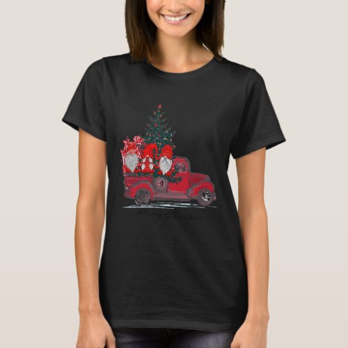 Three Gnomes In Red Truck With Merry Christmas Tre T_Shirt