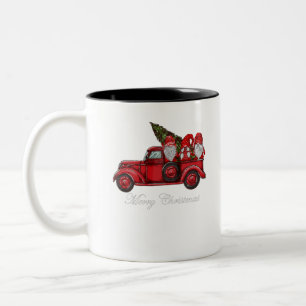 Three Gnomes in Red Truck With Merry Christmas Tre Two-Tone Coffee Mug