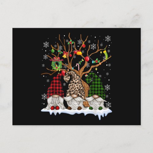 Three Gnomes Leopard Buffalo Plaid Red Christmas L Announcement Postcard