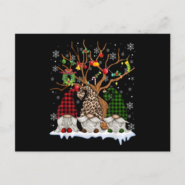 Three Gnomes Leopard Buffalo Plaid Red Christmas L Announcement Postcard (Front)