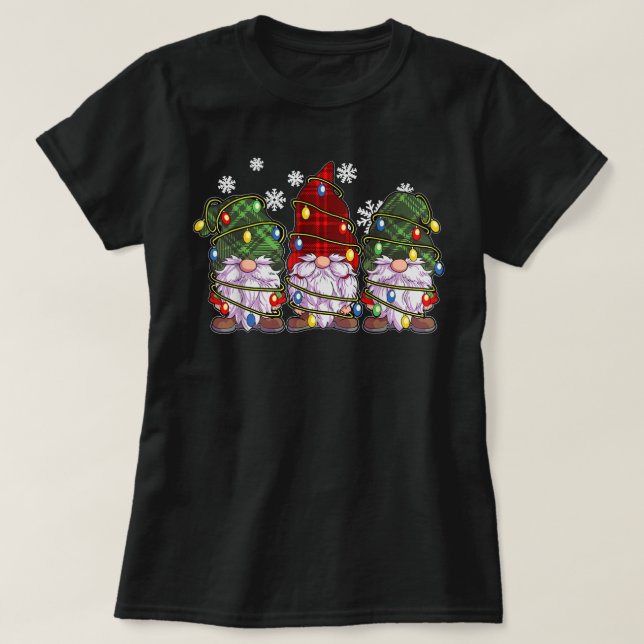 Three Gnomes Men Women Buffalo Plaid Red Christmas T-Shirt (Design Front)