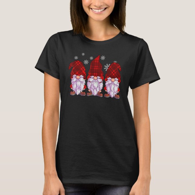 Three Gnomes  Men Women Red Buffalo Plaid Christma T-Shirt (Front)