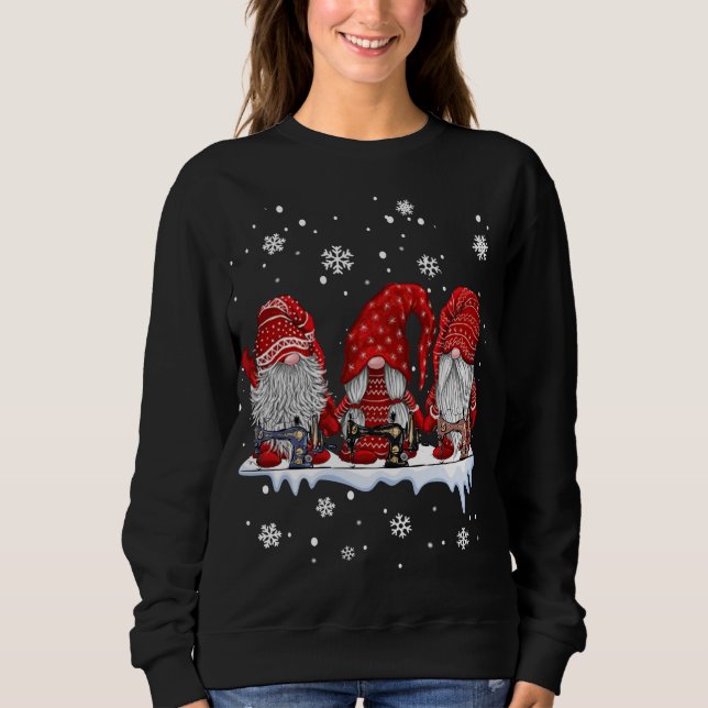 Three gnomes sewing and quilting christmas gift sweatshirt (Front)