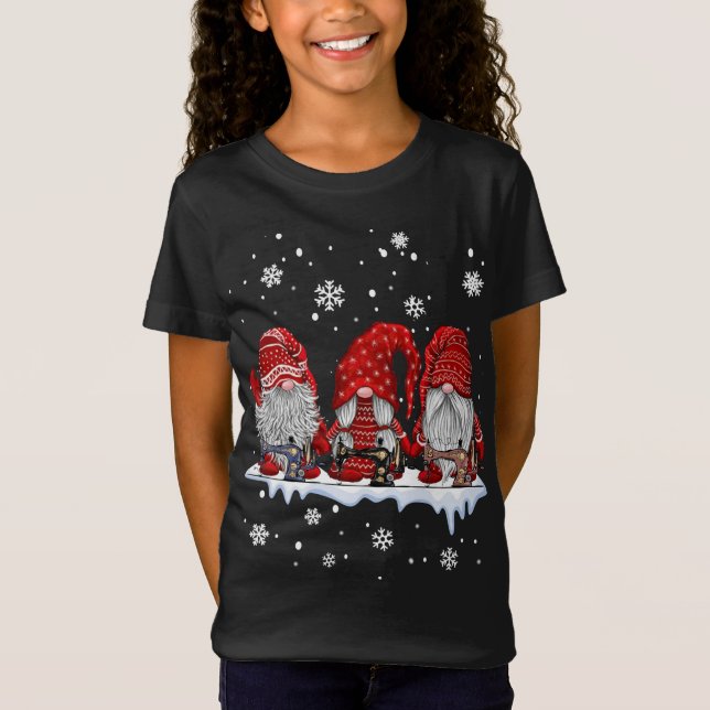 Three gnomes sewing and quilting christmas gift T-Shirt (Front)