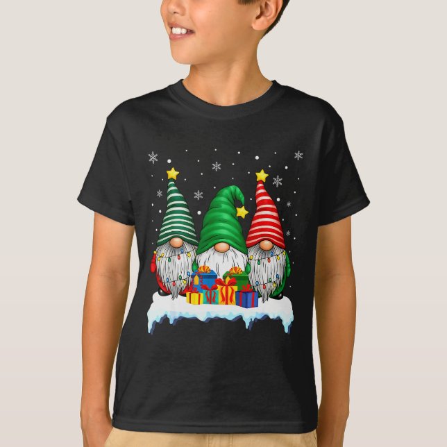 Three Gnomes Tree Lights Men Women Matching Xmas H T-Shirt (Front)