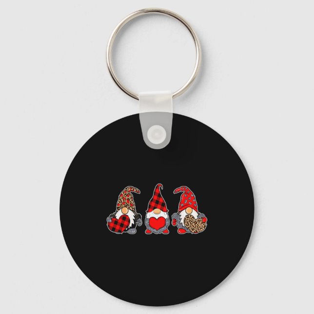 Three Gnomes Valentine Plaid Buffalo Leopard Coupl Keychain (Front)
