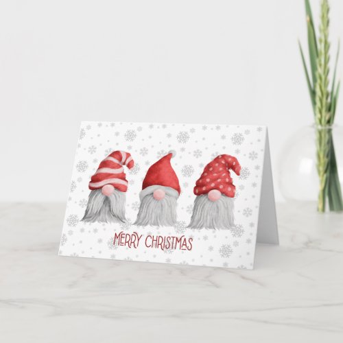 Three Gnomes Watercolor Beard Hat Red White Xmas  Card